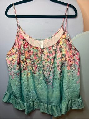 Zolucky | Mint Green Floral Ruffle-Trim Peplum Style Crop Tank | Size 2X